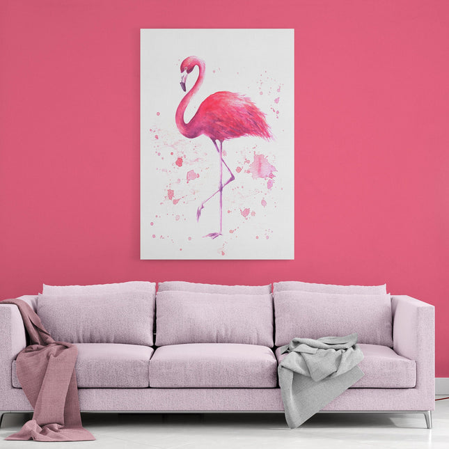Pink flamingo watercolour pain splash white background canvas picture print