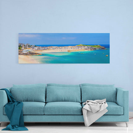 St Ives harbour panoramic canvas picture print Cornwall beach scene.