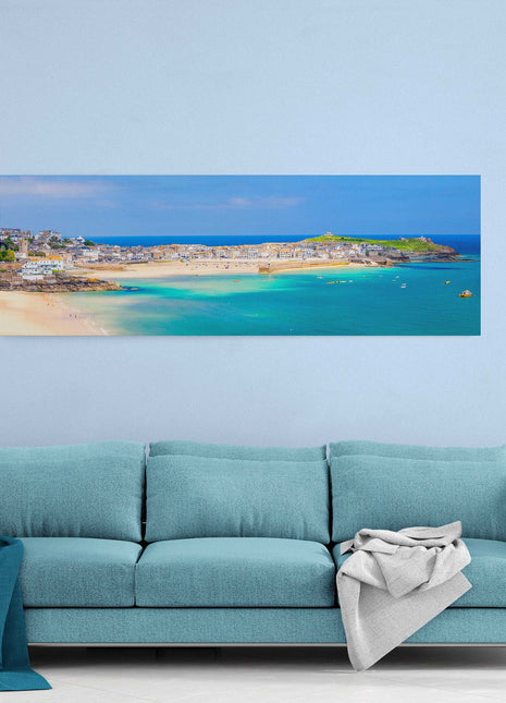 St Ives harbour panoramic canvas picture print Cornwall beach scene.