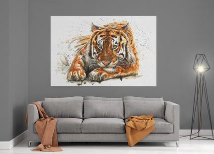 Bengal Tiger painting, splash effect. Big cat, animal watercolour canvas picture