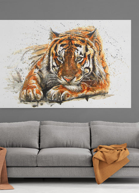 Bengal Tiger painting, splash effect. Big cat, animal watercolour canvas picture