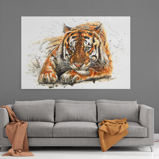 Bengal Tiger painting, splash effect. Big cat, animal watercolour canvas picture