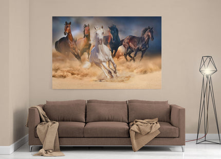 Wild horses galloping through the sand. Wildlife animal picture. Canvas picture