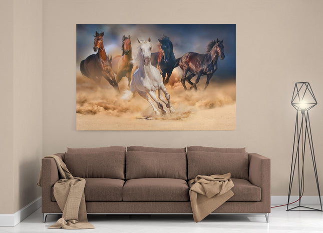 Wild horses galloping through the sand. Wildlife animal picture. Canvas picture