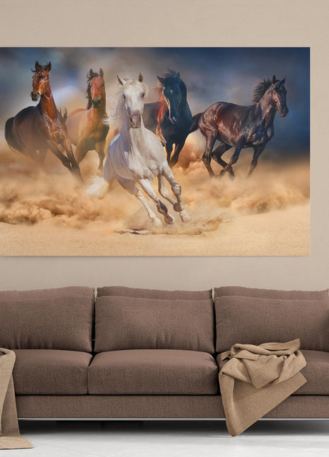 Wild horses galloping through the sand. Wildlife animal picture. Canvas picture