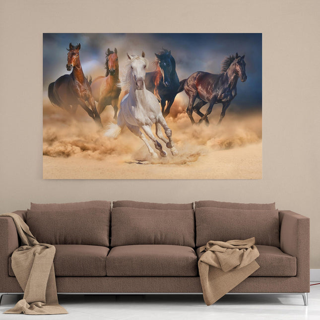 Wild horses galloping through the sand. Wildlife animal picture. Canvas picture