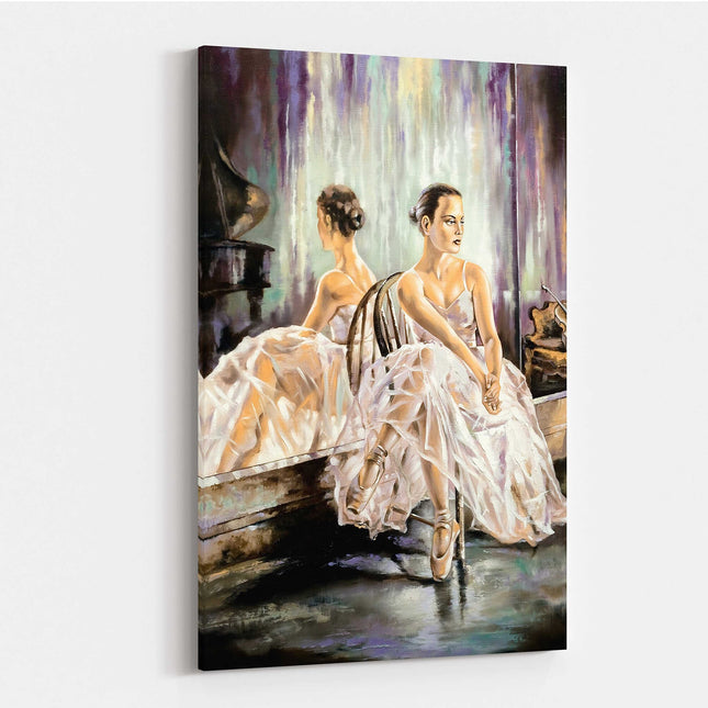 Ballerina sitting near a mirror. print of an oil painting onto a canvas picture