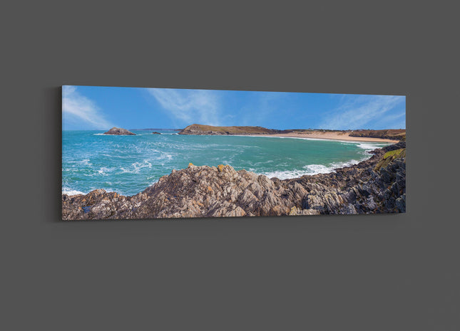 Crantock beach, panoramic canvas picture print. Cornwall beach scene.