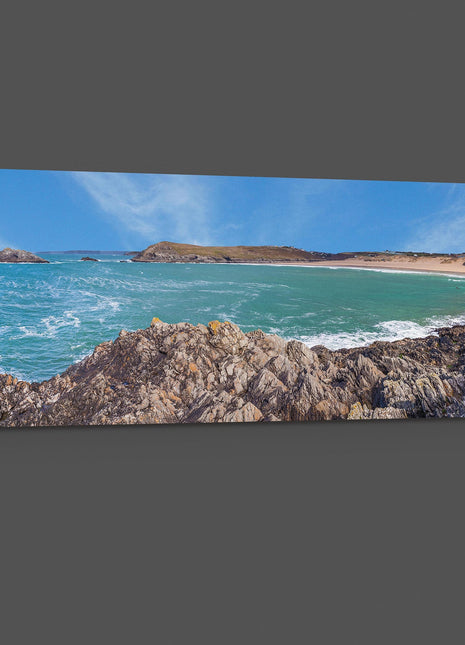 Crantock beach, panoramic canvas picture print. Cornwall beach scene.