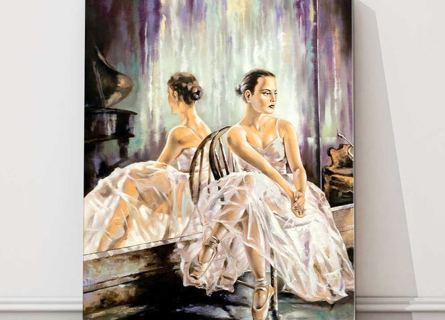 Ballerina sitting near a mirror. print of an oil painting onto a canvas picture