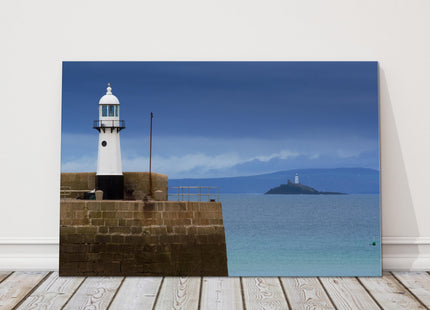 St Ives lighthouse, with Godrevy in background , Cornwall canvas picture print