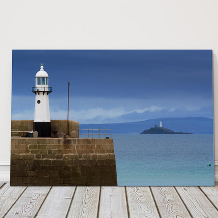 St Ives lighthouse, with Godrevy in background , Cornwall canvas picture print