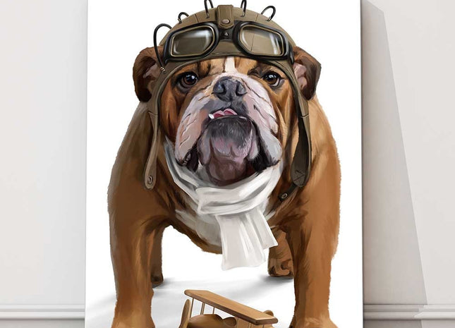 English bulldog Aviator watercolor painting canvas picutre print