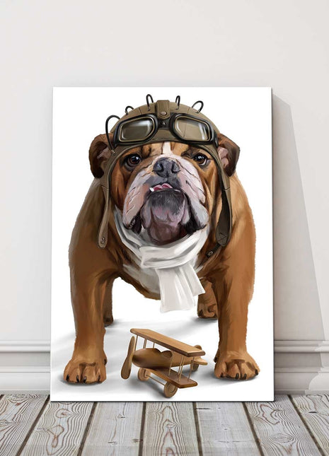 English bulldog Aviator watercolor painting canvas picutre print