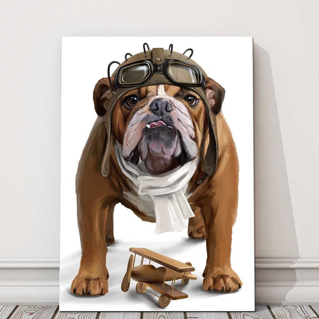 English bulldog Aviator watercolor painting canvas picutre print
