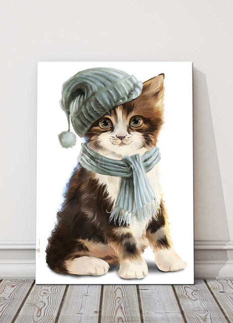 Kitten dressed for winter. Canvas picture print. Available in a choice of sizes.