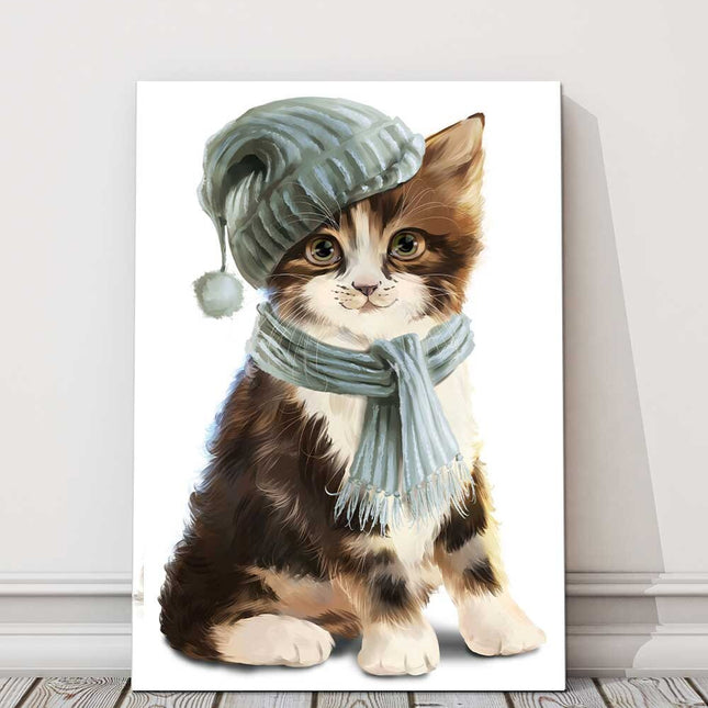 Kitten dressed for winter. Canvas picture print. Available in a choice of sizes.
