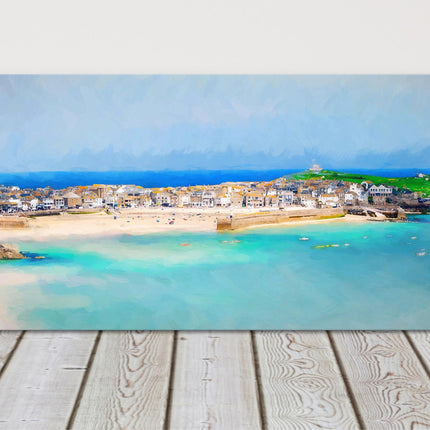 St Ives harbour, Cornwall. Panoramic painting, canvas picture print
