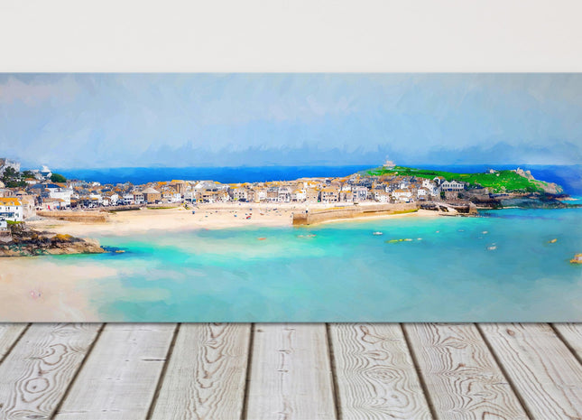 St Ives harbour, Cornwall. Panoramic painting, canvas picture print