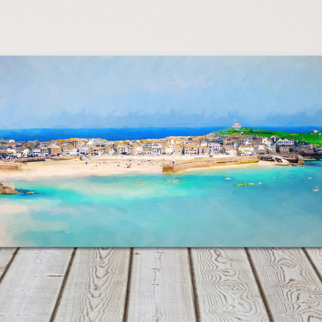 St Ives harbour, Cornwall. Panoramic painting, canvas picture print