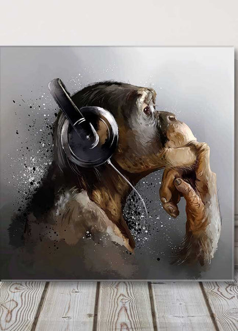Chimpanze with headphone monkey watercolour art canvas picture print