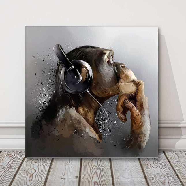 Chimpanze with headphone monkey watercolour art canvas picture print
