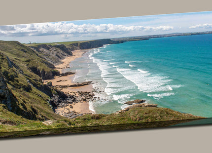 Watergate bay, Cornwall view from cliff tops. Panoramic canvas picture print
