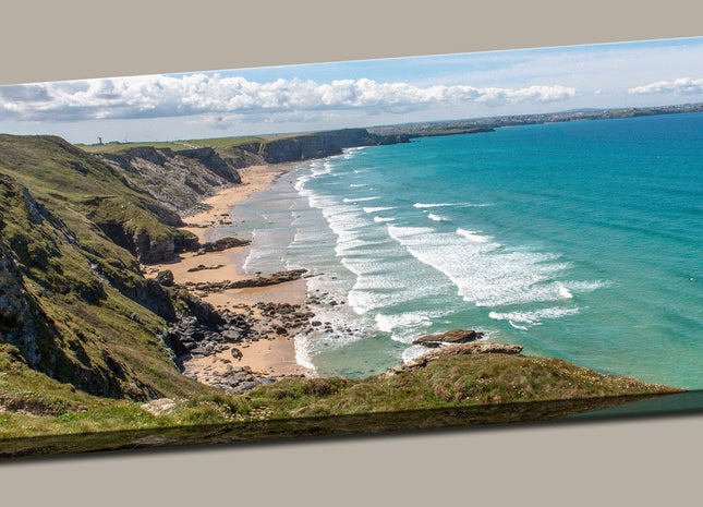 Watergate bay, Cornwall view from cliff tops. Panoramic canvas picture print