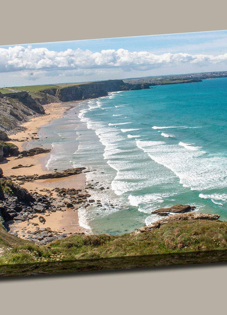 Watergate bay, Cornwall view from cliff tops. Panoramic canvas picture print