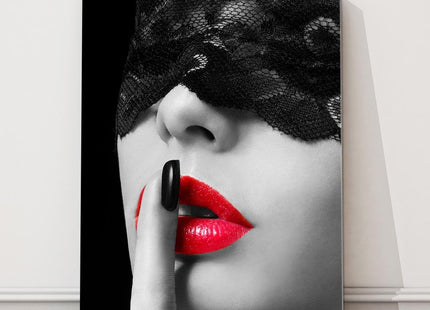 Masked woman red lipstick. Canvas picture. Wall decor. Home living.