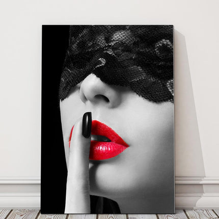 Masked woman red lipstick. Canvas picture. Wall decor. Home living.