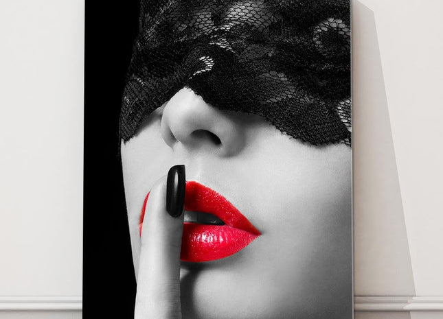 Masked woman red lipstick. Canvas picture. Wall decor. Home living.