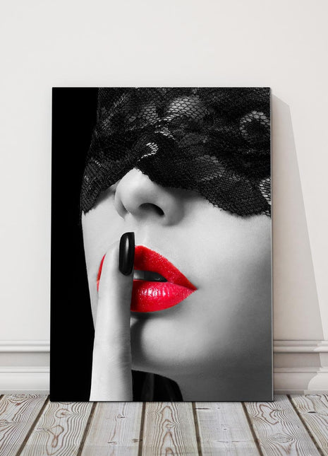 Masked woman red lipstick. Canvas picture. Wall decor. Home living.