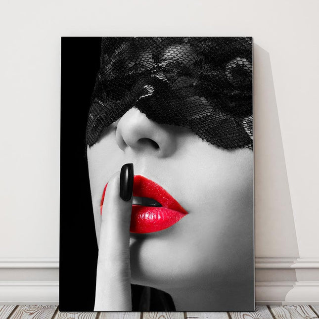 Masked woman red lipstick. Canvas picture. Wall decor. Home living.