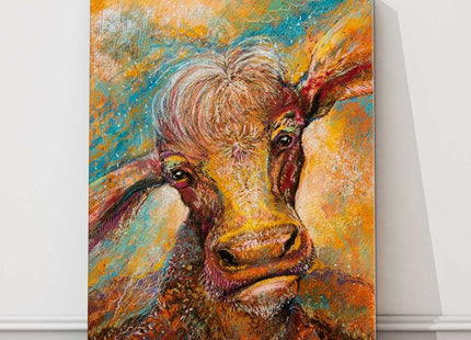 Cosmic cow art picutre print portrait brown with blue and yellow background