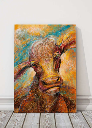 Cosmic cow art picutre print portrait brown with blue and yellow background