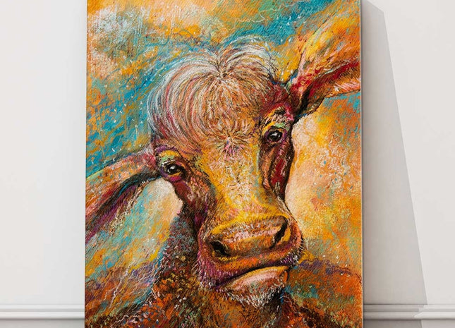 Cosmic cow art picutre print portrait brown with blue and yellow background