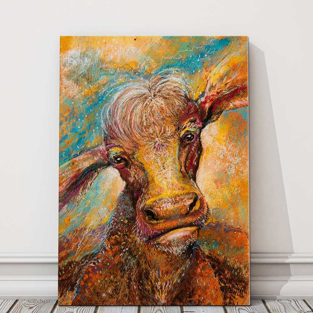 Cosmic cow art picutre print portrait brown with blue and yellow background