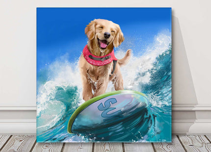 Surfing dog. Golden Retriever. Fun canvas picture print
