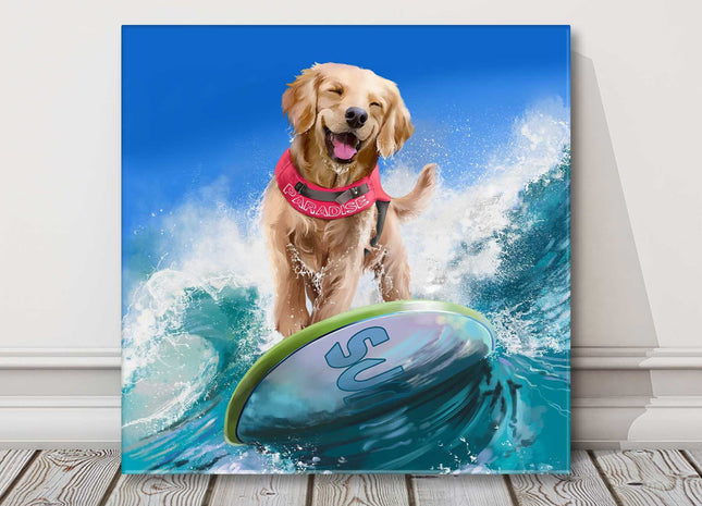 Surfing dog. Golden Retriever. Fun canvas picture print