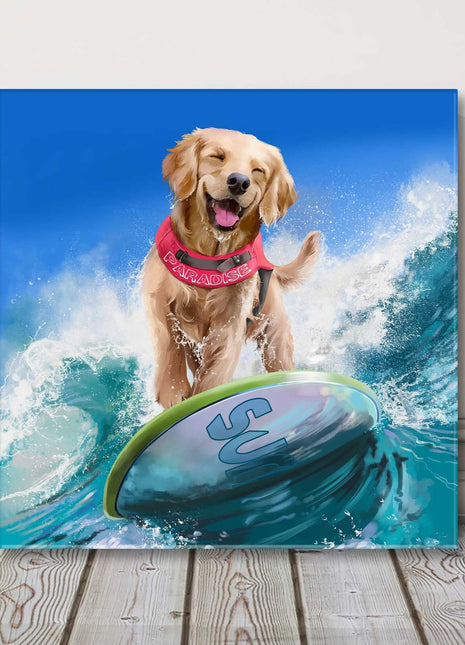 Surfing dog. Golden Retriever. Fun canvas picture print