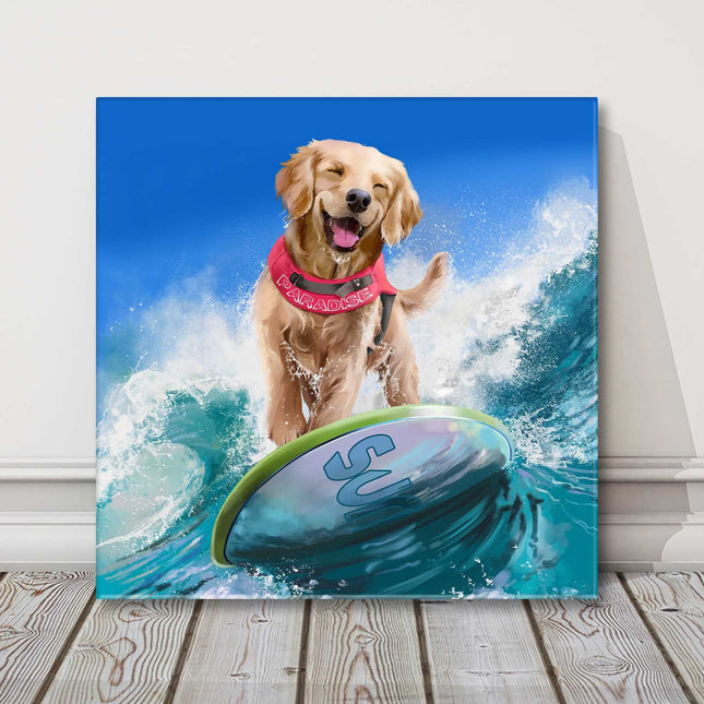 Surfing dog. Golden Retriever. Fun canvas picture print