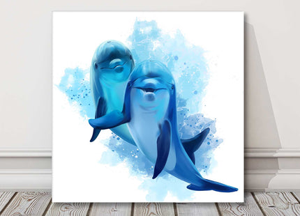 blue dolphins, watercolour painting with white background, canvas picture print