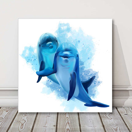blue dolphins, watercolour painting with white background, canvas picture print