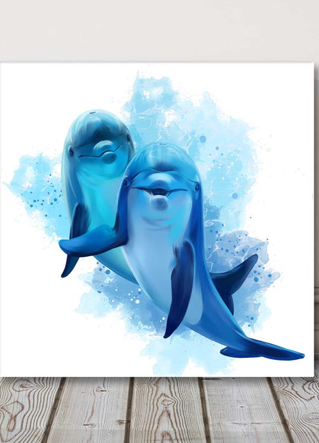 blue dolphins, watercolour painting with white background, canvas picture print