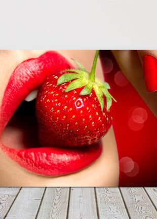 Women, red lipstick, strawberry. Canvas picture print red, vibrant