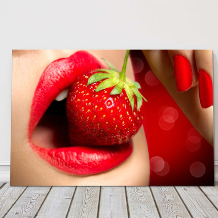Women, red lipstick, strawberry. Canvas picture print red, vibrant