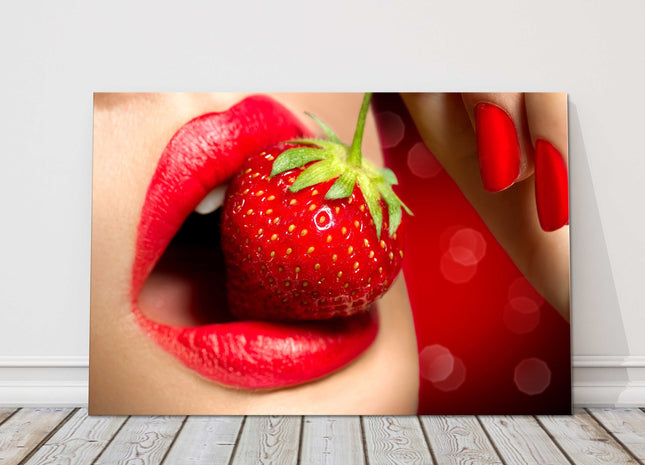 Women, red lipstick, strawberry. Canvas picture print red, vibrant