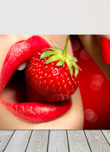 Women, red lipstick, strawberry. Canvas picture print red, vibrant