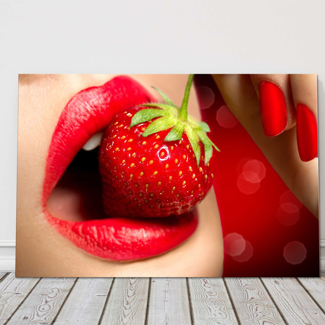 Women, red lipstick, strawberry. Canvas picture print red, vibrant